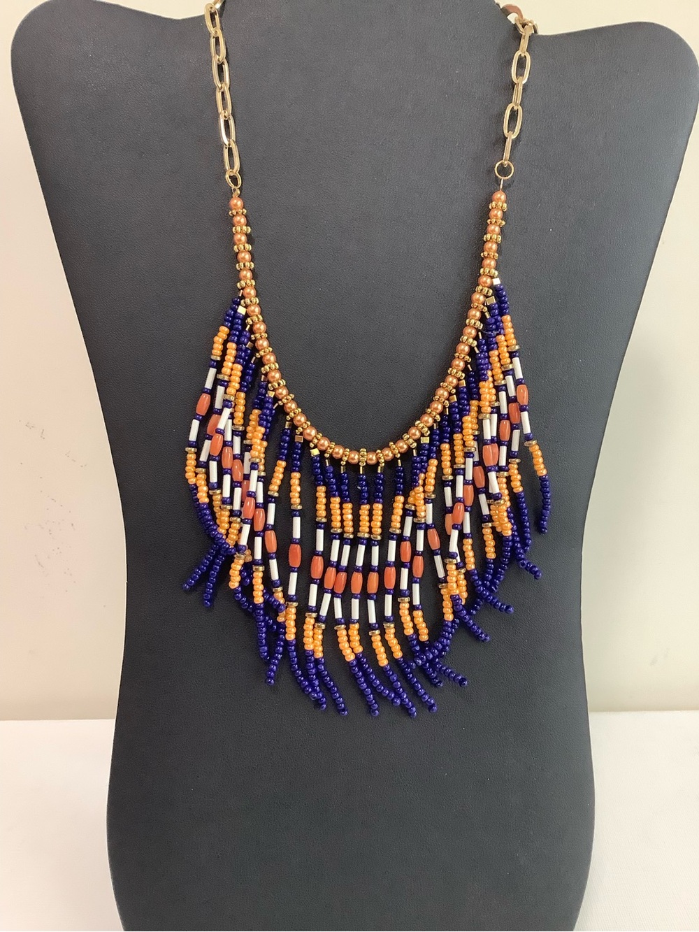 Fringed Bead Statement Necklace in Navy and Orange with Gold Accents